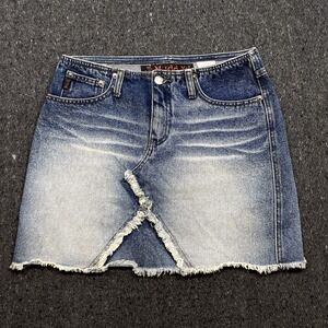 Y2K Mudd City Retro Low Rise Blue Denim Mini Skirt Women's Sz 5 Distressed